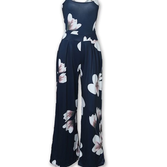 Boho Navy Blue Floral Wide Leg Jumpsuit - Picture 5 of 8